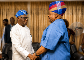 Moment former President Obasanjo paid surprise visit to Adeleke, dance with Gov